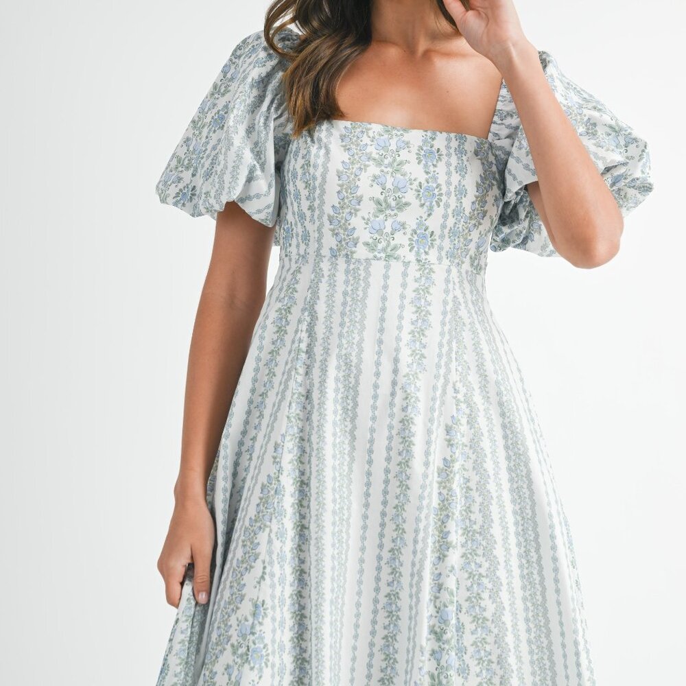 Princess Baby Doll Blue Floral Puff Sleeve Midi Dress (S)| Easter Church Dress